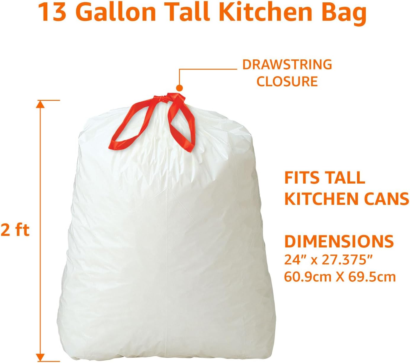 Tall Kitchen Drawstring Trash Bags - Sturdy & Tear Resistant | 13 Gallon, Unscented, 120 Count