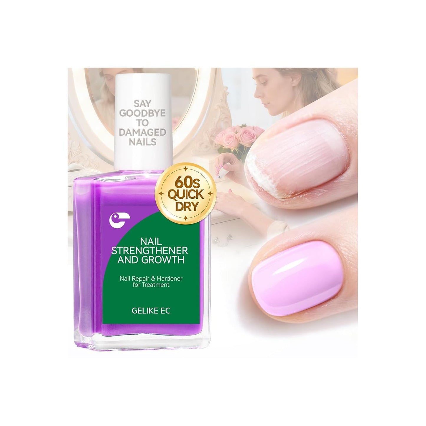 Nail Strengthener & Growth | Extra Strong Protein Hardener for Damaged Nails - Nude Pink 15ml - Quick Dry Ridge Filler