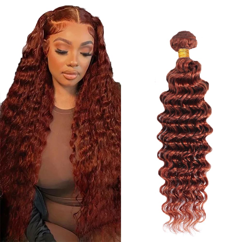 Color 33 Human Hair Bundles Auburn Deep Wave Bundles Huxowax Peruvian Virgin Remy Hair 1 Bundle 28 Inch Double Weft Soft and Silky Copper Red Deep Wave Bundle 50g