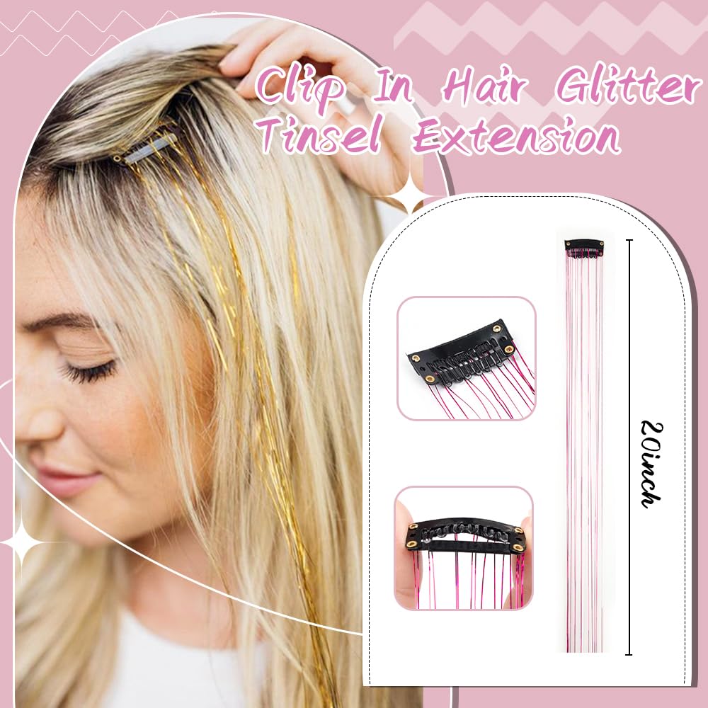 Clip In Hair Tinsel Extensions - 20 Inch Glitter Strands for Festivals | 12 Pcs Black Dazzle Kit for Women & Girls