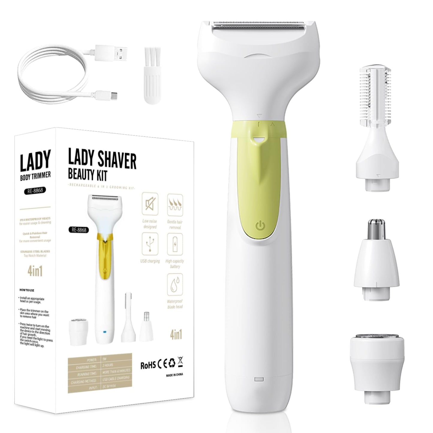 Electric Shaver for Women, Wet/Dry Razors for Women with LED Display, 4 in 1 Cordless Hair Remover for Arms Legs Pubic Armpit Face, IPX7 Waterproof, Painless Electric Grooming Kit