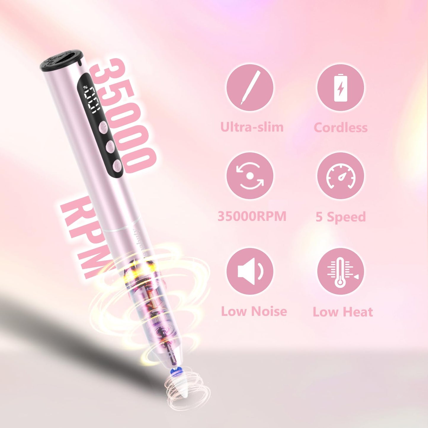 Electric Nail Drill - Cordless 35000RPM Portable Nail File with LCD Display | 12 Bits for Acrylic & Gel Nails, Pink Manicure Kit