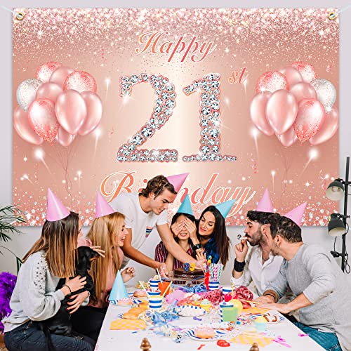 Happy 21st Birthday Banner Backdrop - Rose Gold 4x6ft Party Decor