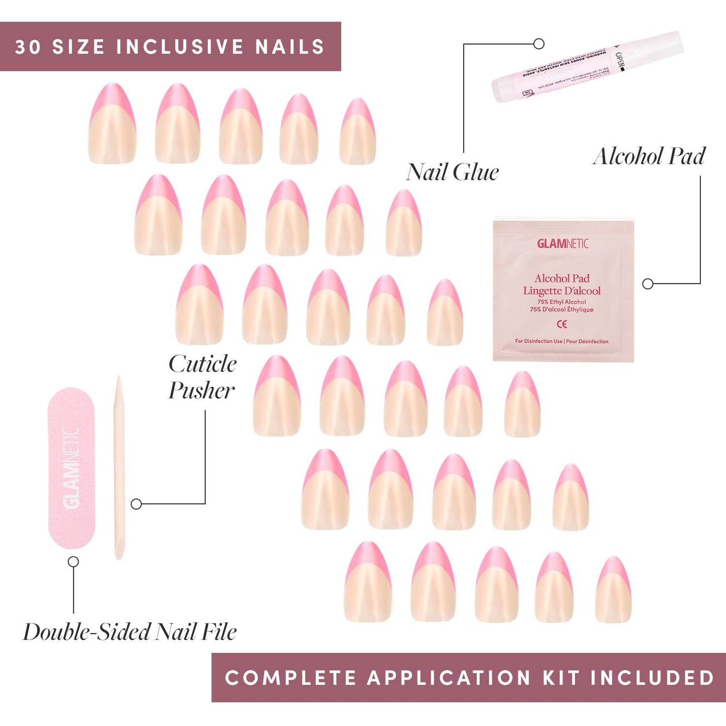 Glamnetic Press On Nails - Bubble Gum Glaze | Short Almond Pink French Tip Fake Nails with a Glaze Finish | 15 Sizes - 30 Nail Kit with Glue