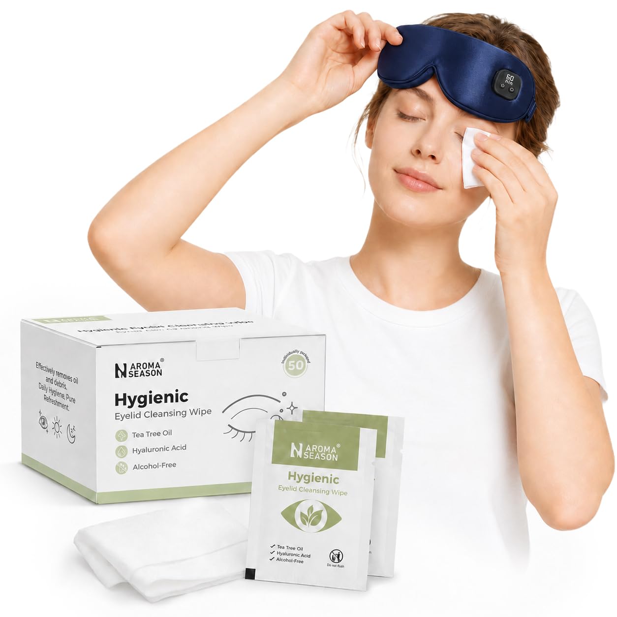 Aroma Season Eyelid Cleansing Wipes - Tea Tree Oil & Hyaluronic Acid, 100 Count | Alcohol-Free