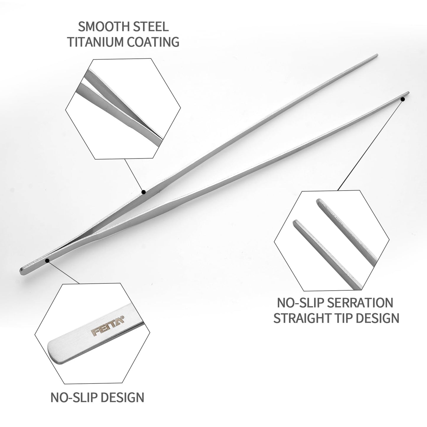 Aquarium Tweezers Extra Long 15 inches Feed Tong clamps - FEITA Straight and Curved Stainless Steel 38cm Tweezers Set for Fish Tank Plants Aquascape Tools & Reptile Feeding Tongs - Sliver 2Pcs
