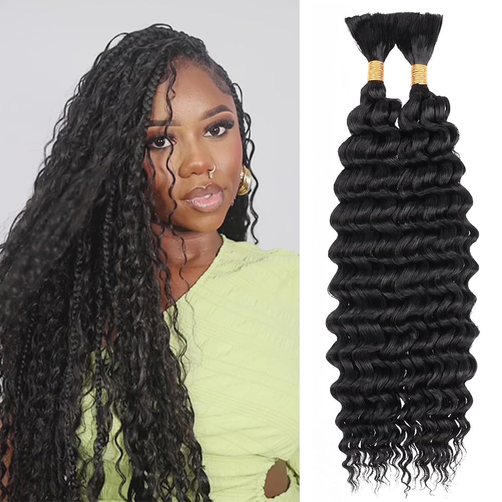 Human Braiding Hair for Boho Braids 2 Bundles 16 Inch 110g 12A Deep Wave Braiding Hair for Braids Brazilian Bulk Human Hair Extensions Natural Color