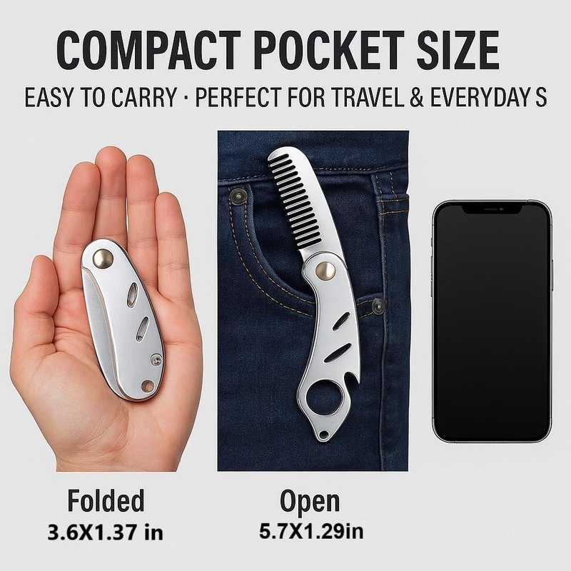 IN SELECT Folding Comb, 304 Stainless Steel Pocket Hair & Beard Comb with Built-in Bottle Opener, Durable EDC Multi-Tool for Everyday Carry, 1 Pack