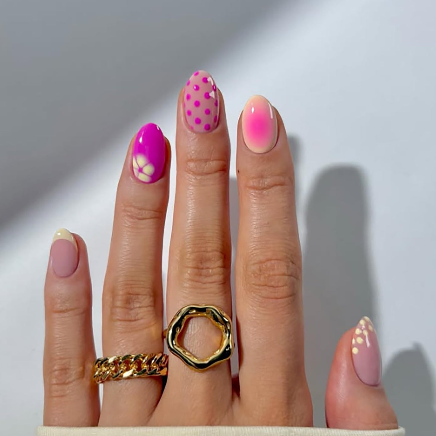 Short Press-On Almond Fake Nails - Rose Pink Acrylic with Glossy Stripe Designs | Reusable Full Cover Nails for Women