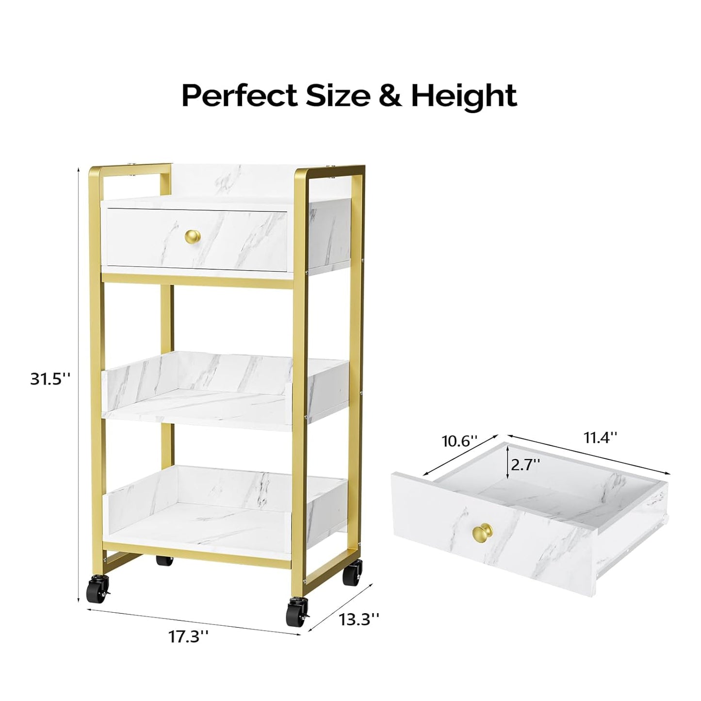 Salon Trolley Cart with Wheels - Mobile Storage Organizer for Beauty Spa | White Marble, 1 Drawer & 2 Trays