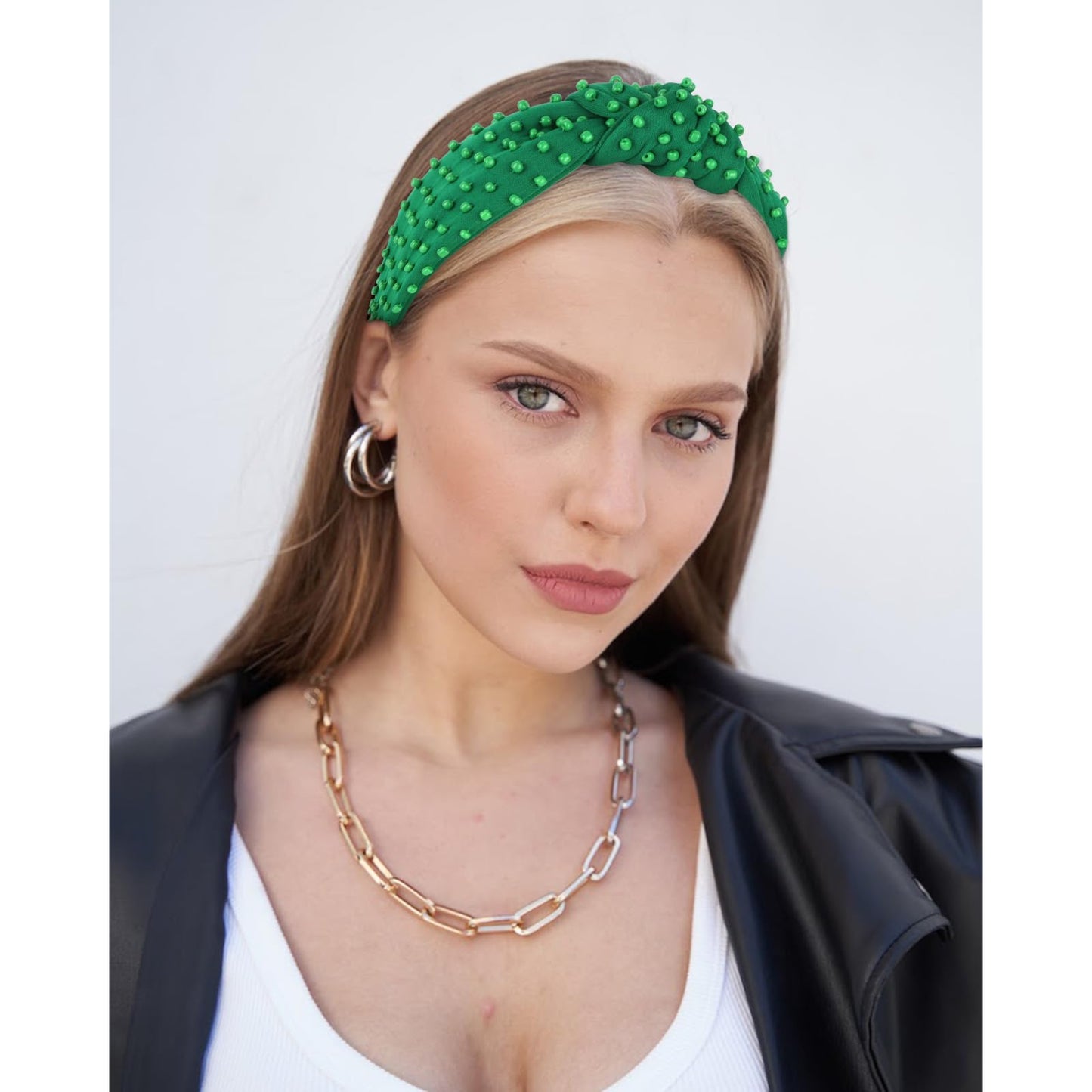 YISSION Green Knotted Headband for Women - Wide Beaded Hair Hoop, Stylish Hair Accessory for Daily Wear, St. Patrick's Day Festivals & Casual Outfits