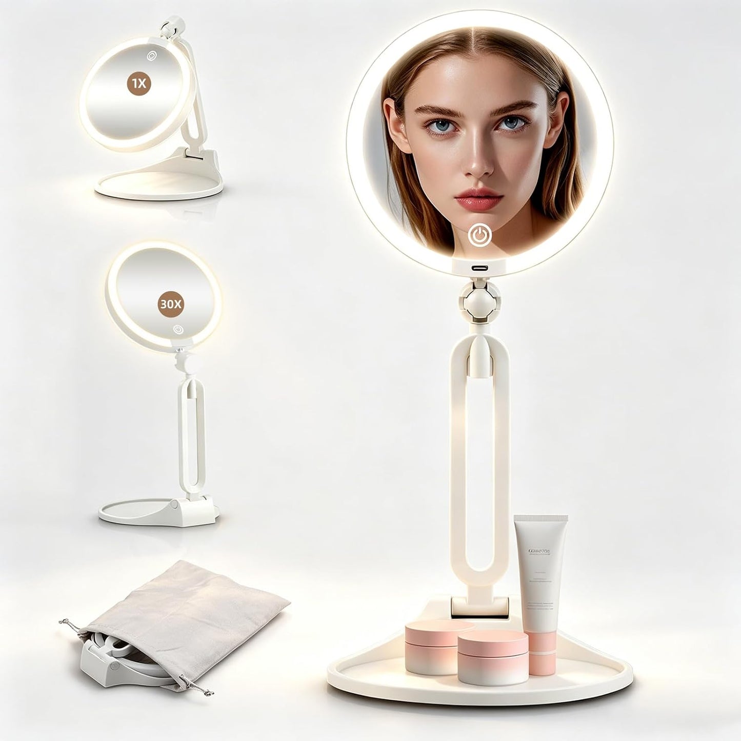 40X Makeup Magnifying Mirror with LED Lights - Double-Sided 6-Inch, 3 Color Dimmable, Rechargeable, 360° Rotation