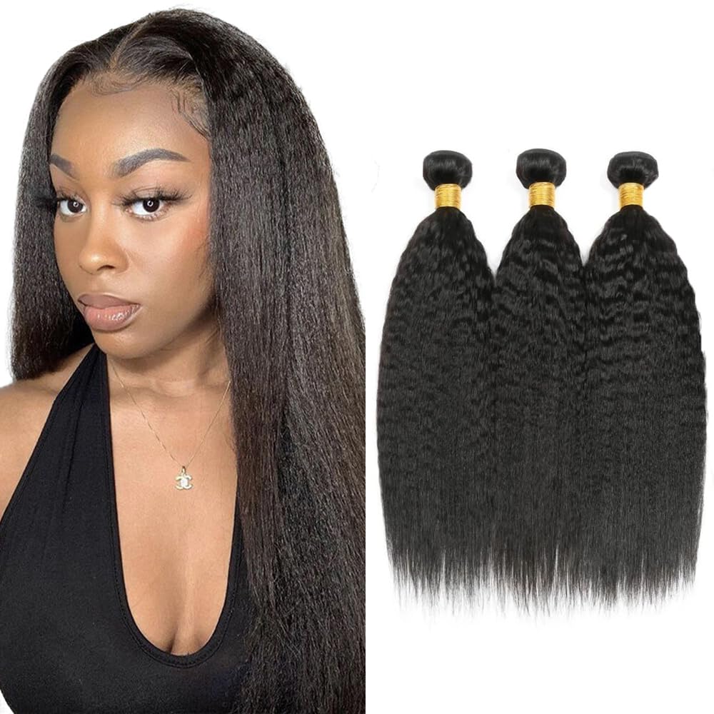 HeioWuio 24 24 24 Inch Yaki Straight Bundles Human Hair 3 Bundles Brazilian Remy Hair 100 Grams/Bundle Unprocessed Virgin Hairs #1B Natural Black Color Color Kinky Straight Bundle Weaves Extensions