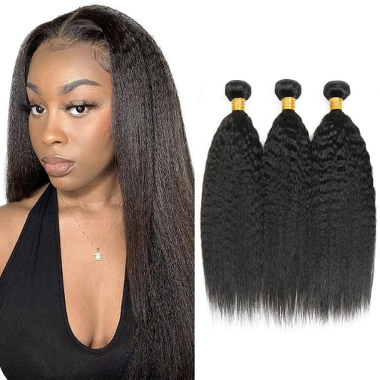#1B Human Hair Bundles Natural Color Kinky Straight Bundles 26 28 30 Inch Balck Yaki Straight Bundles Unprocessed Brazilian Virgin Hair 3 Bundle 50 Gram Per Bundle Deals Quick Weave Hair Extensions