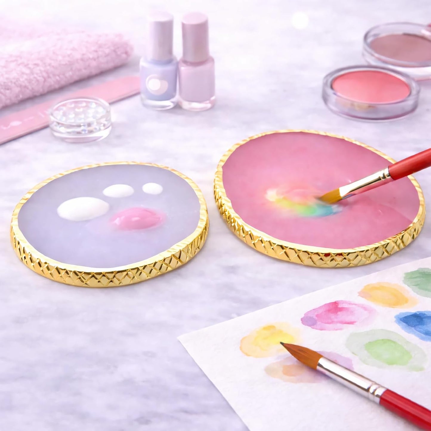 Resin Nail Art Palette - Gel Polish Mixing Board with Gold Edge | White & Pink Color Options for Salon & DIY