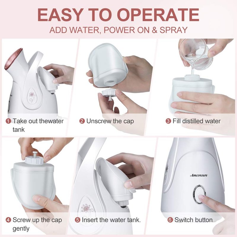 Facial Steamer, Amconsure Nano Ionic Face Steamer for Home, 100ML Warm Mist Humidifier for Women Moisturizing, Unclogs Pores-Bonus Stainless Steel Skin Kit and 2 Face Scrubbers