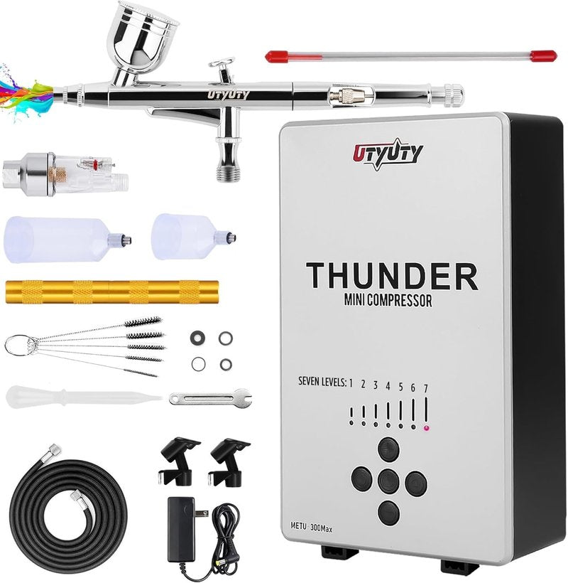 UTYUTY Airbrush Kit with Air Compressor,Portable 27PSI 7 Pressure Levels, 35dB Ultra-Quiet,Dual-Action 0.3mm Airbrush Gun for Beginners,Painting,Models,Makeup,Crafts & Cake Decor
