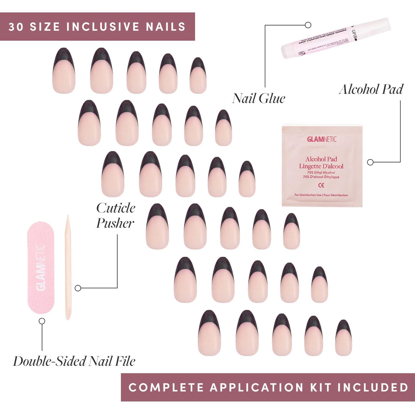 Press On Nails - Caviar | Semi-Transparent Short Almond Shape, Salon Quality | 30 Nail Kit with Glue, 15 Sizes Available