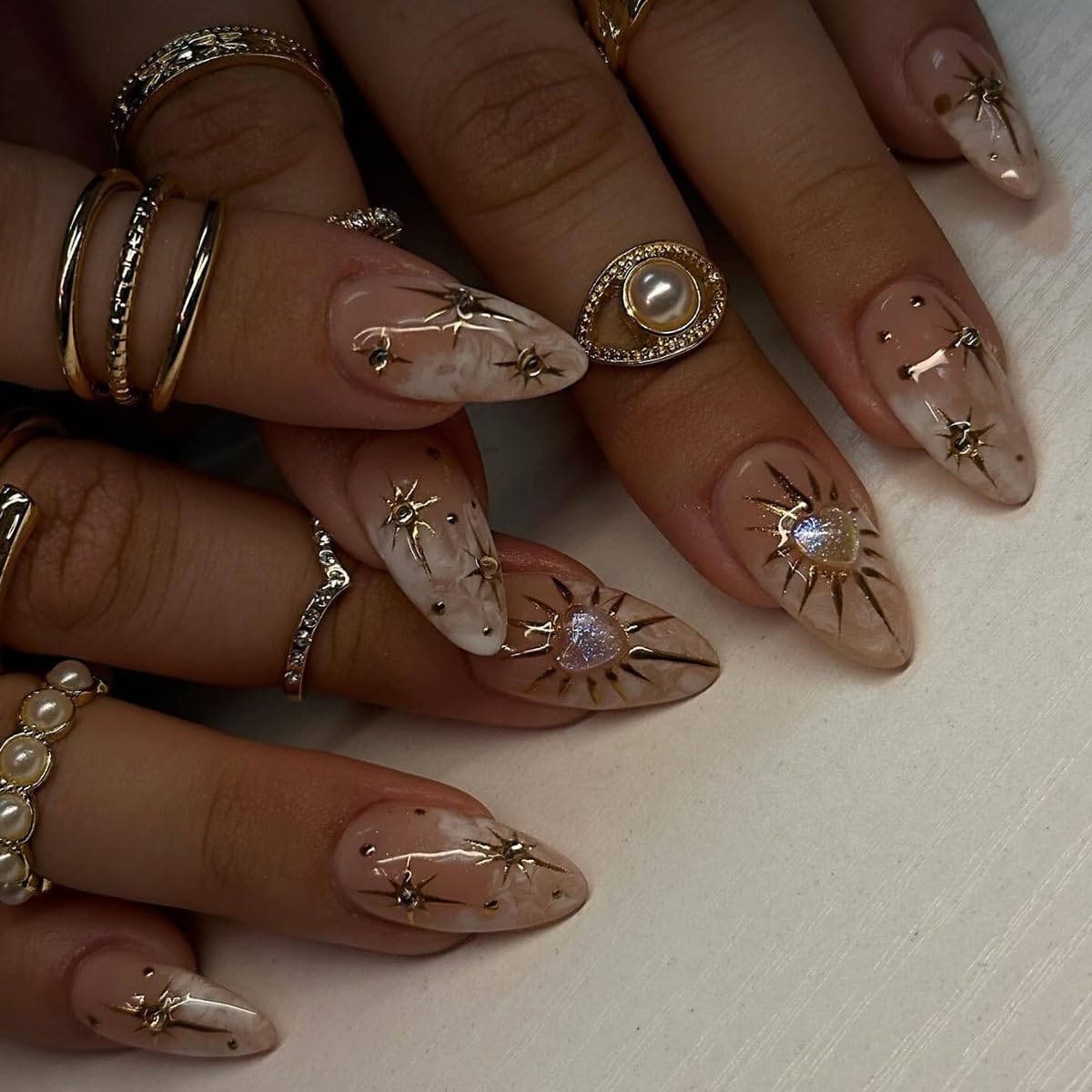 Cat Eye French Tip Press-On Nails - Nude & Pink Short Almond | Reusable Glue-On Nails with Gold Line for Weddings & Parties