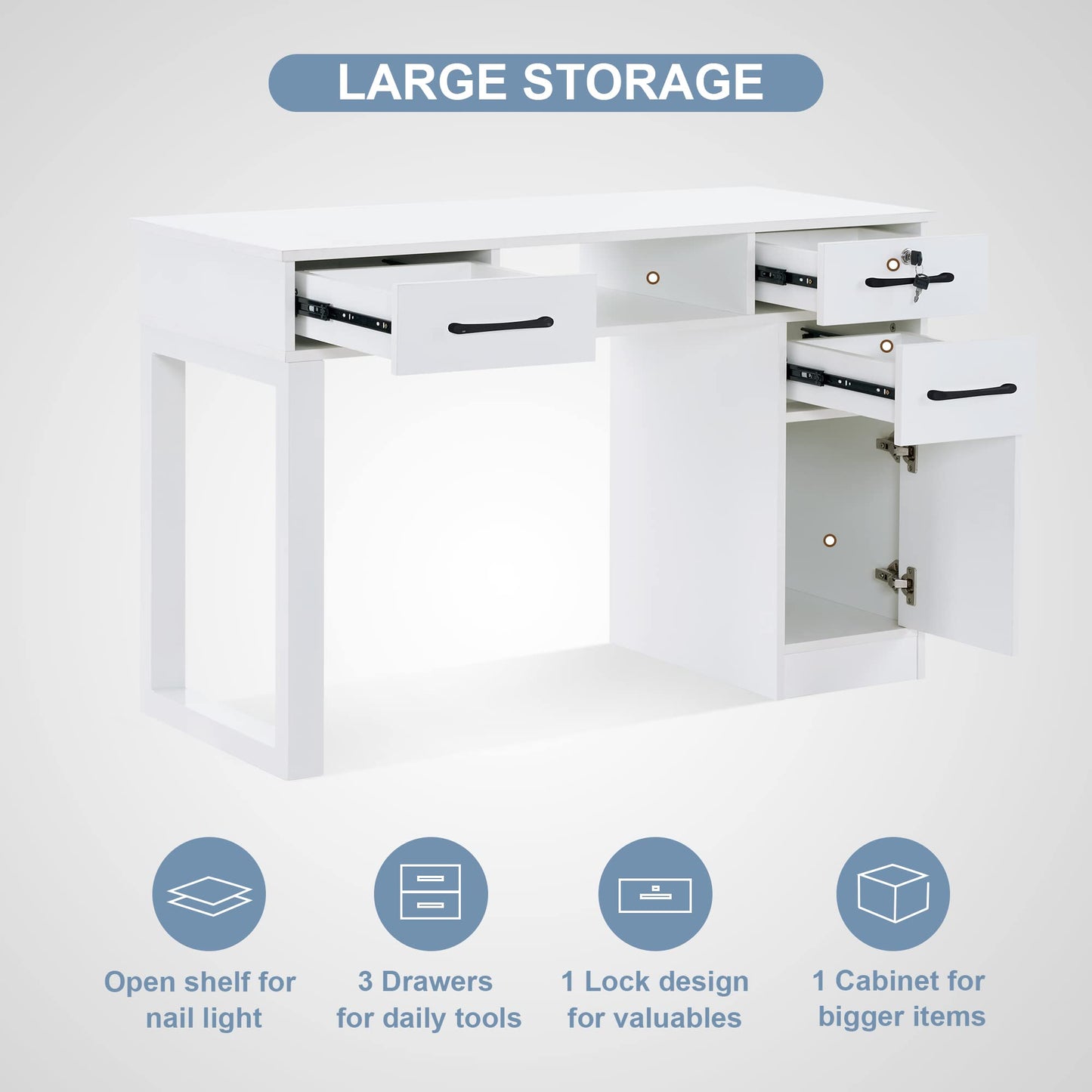 BarberPub Nail Makeup Desk with Drawers Manicure Table Cabinet Storage Beauty Salon Home Office Workstation 2844 (White)