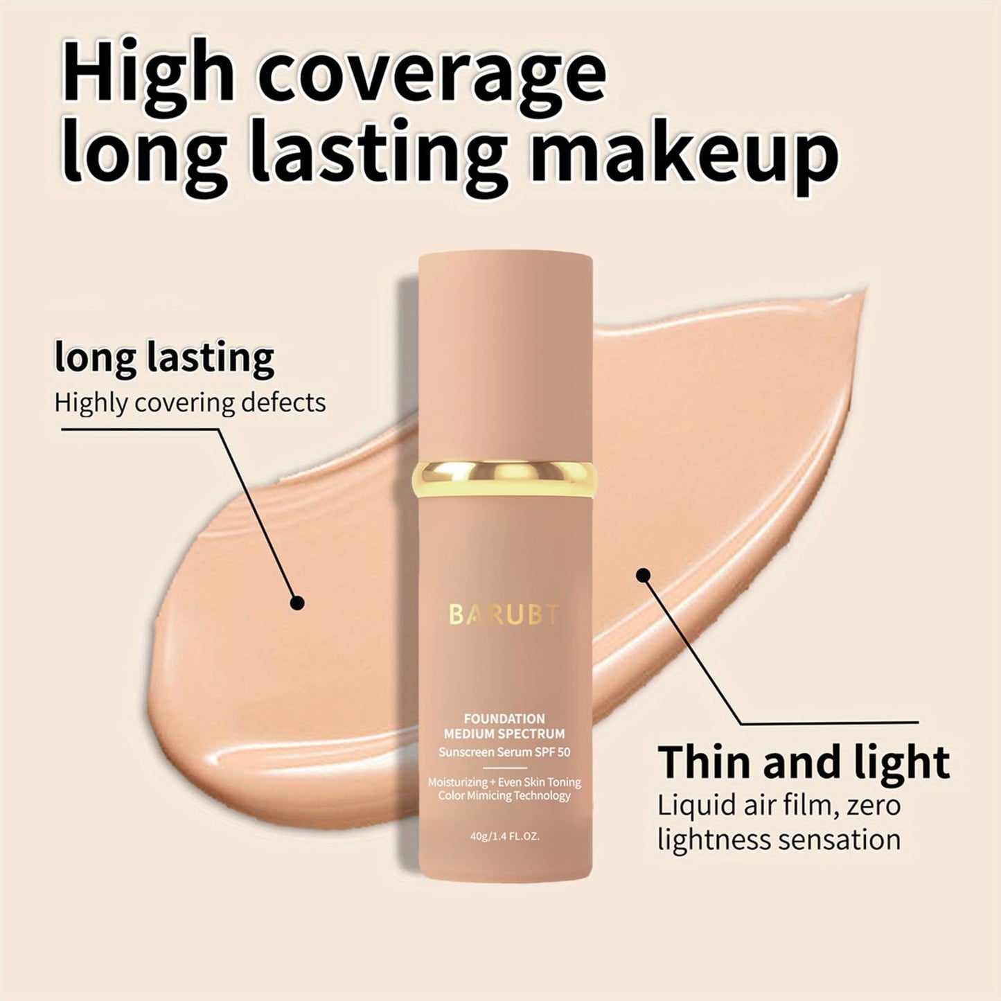 BARUBT 4 in 1 Color Changing Foundation - Medium Spectrum, Evening Skin Tone, Long-Lasting & Waterproof, Hydrating Concealer with Medium to Full Coverage, Lightweight Flawless Finish Makeup 1.4 Fl.Oz.
