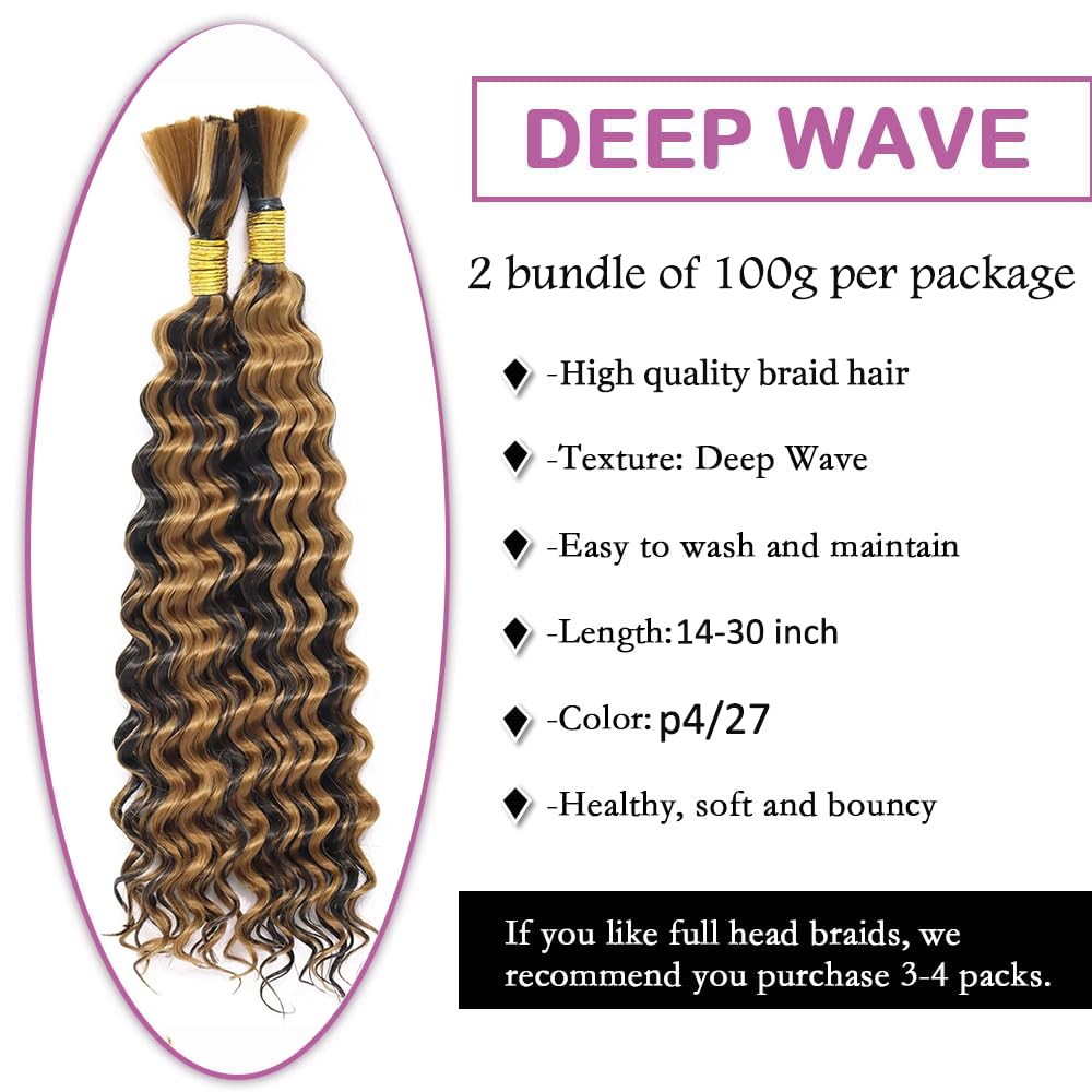 P4/27 Highlight Blonde Human Braiding Hair for Boho Braids 28 28 28 Inch 150g Deep Wave Bulk Human Hair Knotless Boho Braiding Deep Water No Weft Extensions Bohemian Braids 3 Bundles/Pack Caramel