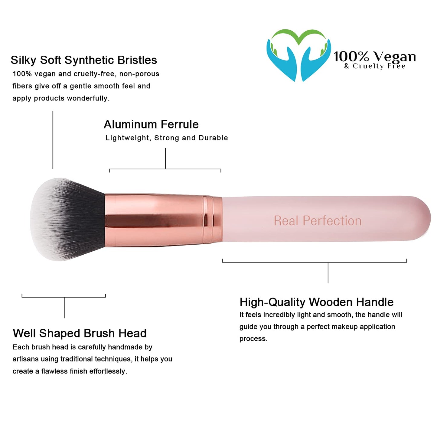 Real Perfection Makeup Brush Set - 16 Premium Synthetic Brushes for Foundation, Eyeshadow & Blush | Pink