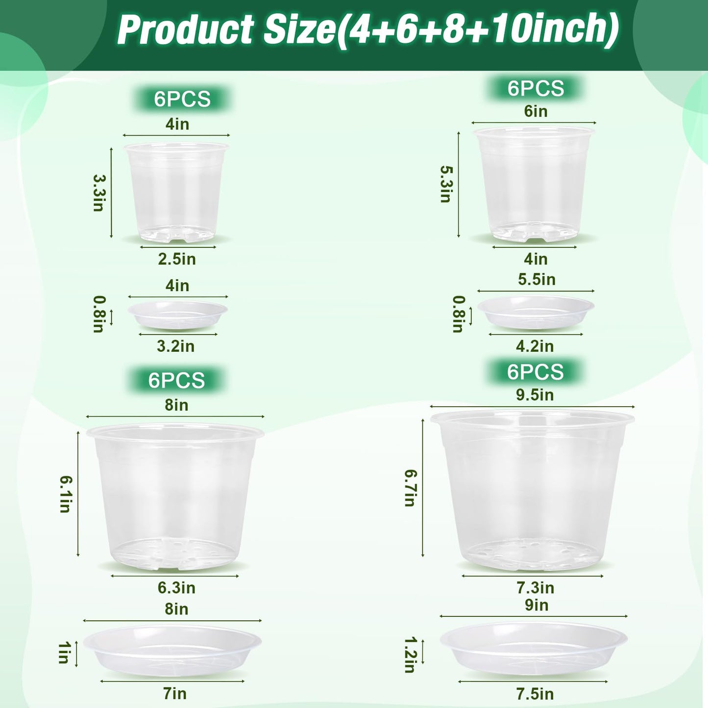 HQAUT 4/6/8/10 Inch Clear Nursery Pots with Drainage and Saucers, 24 Pack Clear Plant Pots, Variety Size Plastic Orchid Flower Pot for Indoor Outdoor