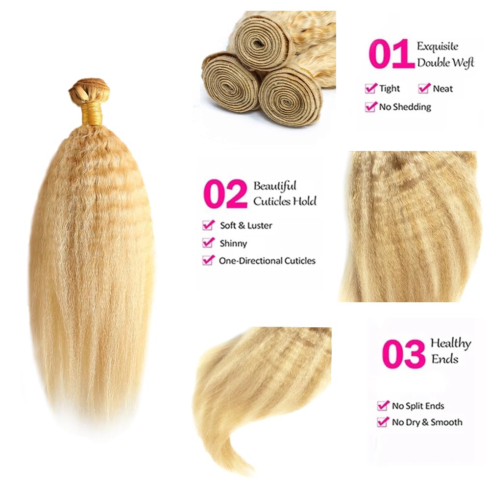 28 30 32 Inch P27/613 Highlight Blonde Bundles Human Hair Yaki Straight Bundles Honey Blonde Kinky Straight Bundle Unprocessed Brazilian Virgin Weave Hair 3 Bundle 50 Gram Per Bundle