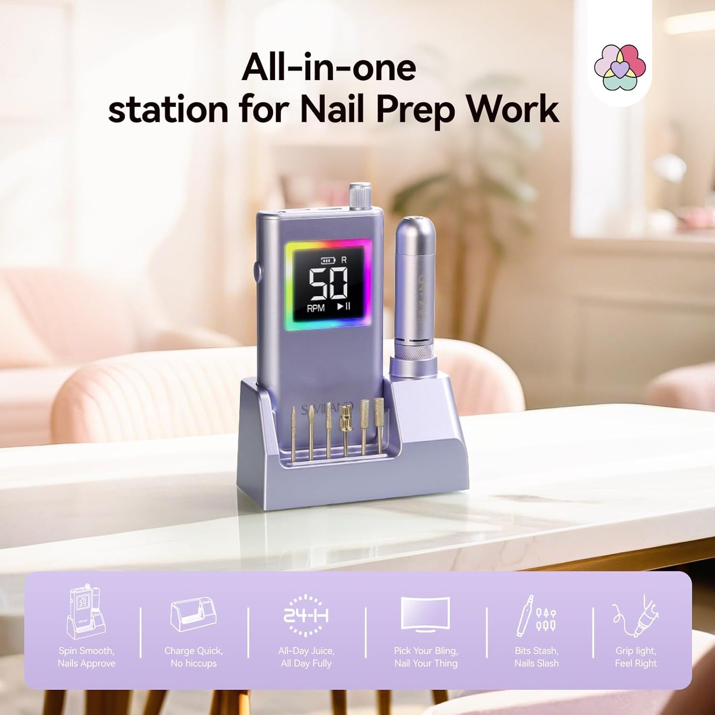SAVILAND 50000 RPM Nail Drill - Professional Electric Nail File for Fast Acrylic Manicure | Portable Rechargeable Design