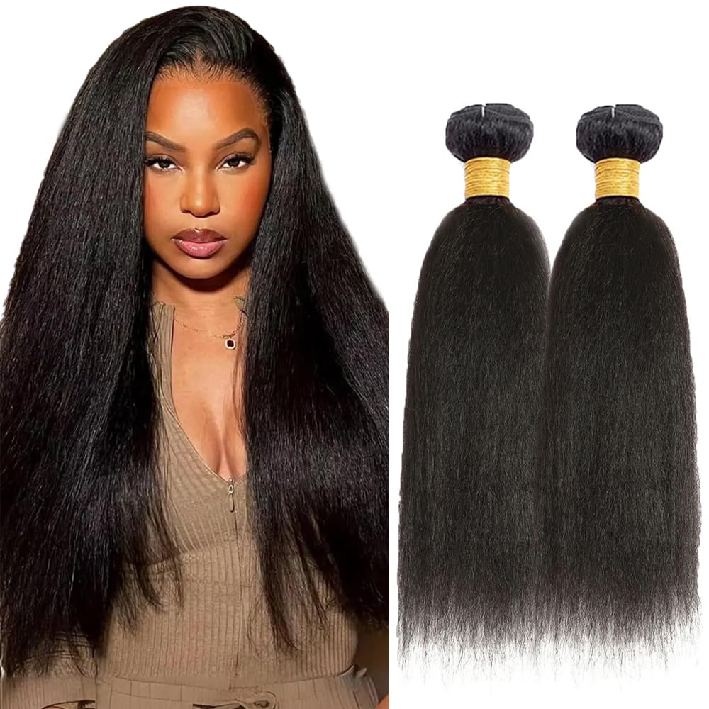 DiexrLamx 34 34 Inch Yaki Straight Bundles Human Hair Kinky Straight Human Hair Bundles 8a Peruvian Virgin Hair 2 Bundles Yaki Bundles Natural Black Color