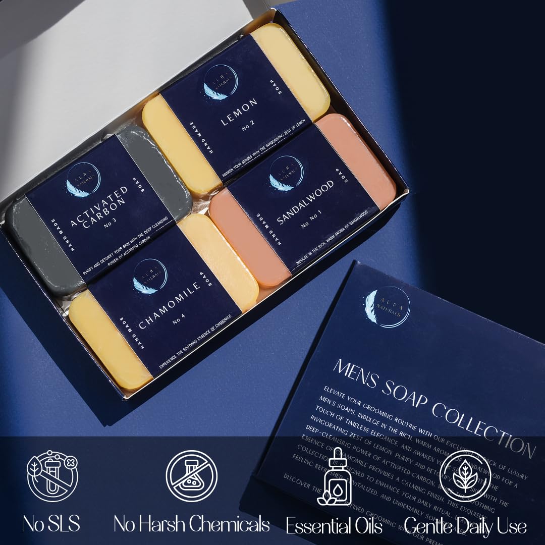 Aura Naturals Mens Bar Soap Pack of 4 - Sandalwood, Lemon, Activated Carbon & Chamomile Scented Natural Soap for Men - 5.3oz Bar - Exfoliating Soaps for Men Body, Hand, Face - Male Soaps Gift Set