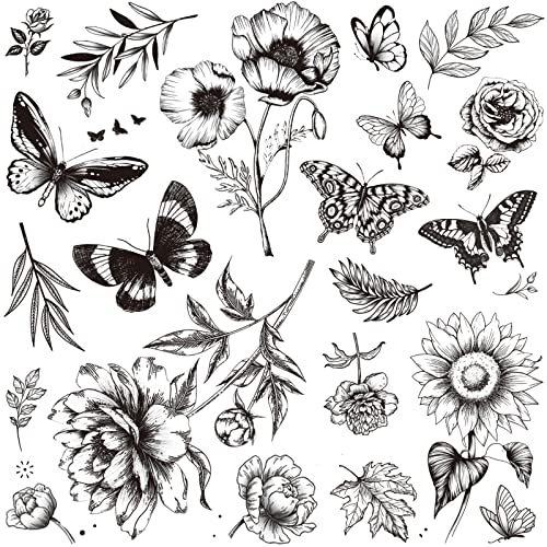 Tazimi Black Flower Butterfly Temporary Tattoos - 6 Sheets for Women & Girls
