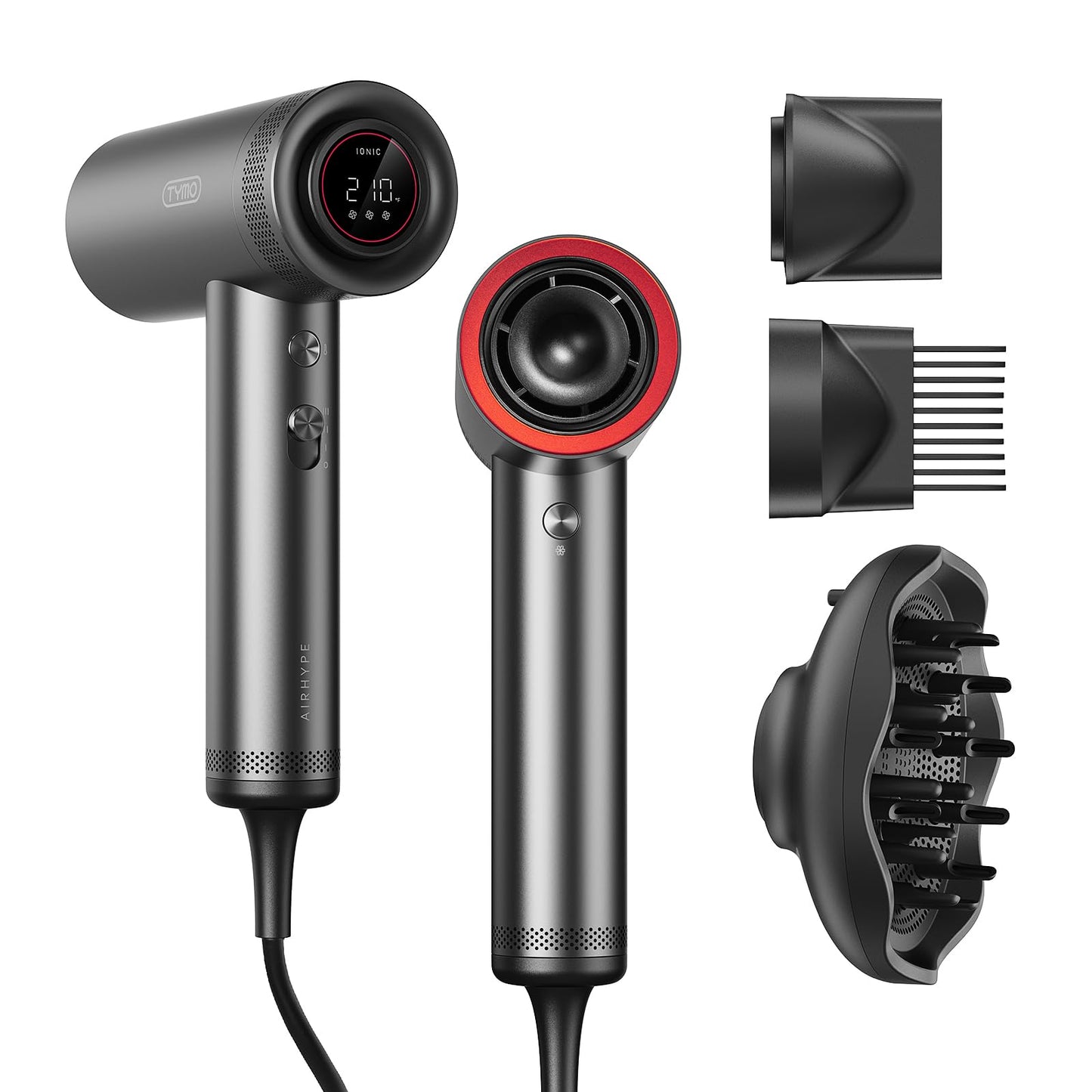 TYMO Blow Dryer with Comb - 1500W Professional High Speed Blow Dryer with Diffuser, 110,000RPM Fast Dry, 200 Million Ionic Diffuser Hairdryer, 4 Temps & 3 Speeds, 8 Ft Cord for Salon, Metal Gray
