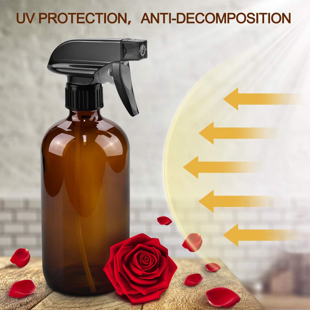 Glass Spray Bottles Set - 16oz & 4oz Refillable Containers with Adjustable Nozzle for Cleaning, Gardening, Aromatherapy | Amber
