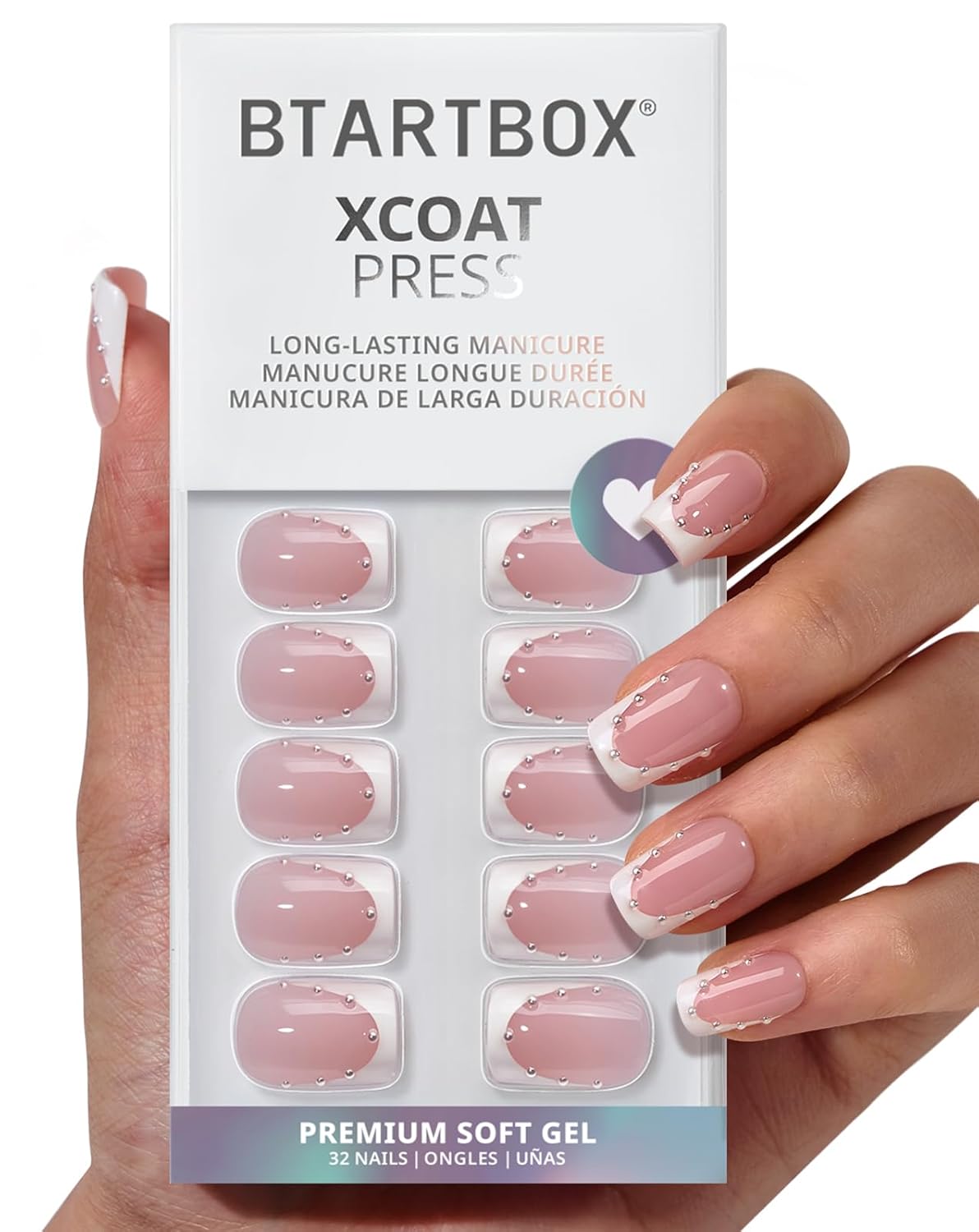 French Tip Press On Nails - Easy-to-Apply White Flower Almond Design | 32 Nails in 16 Sizes with Glue & Adhesive Tabs