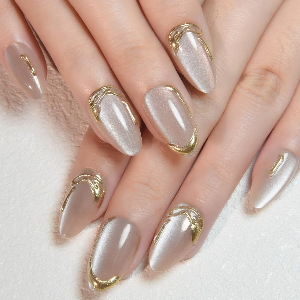 Nude Cat Eye Press-On Nails - Short Almond Shape with Gold French Tips | Reusable Soft Gel Set for Women