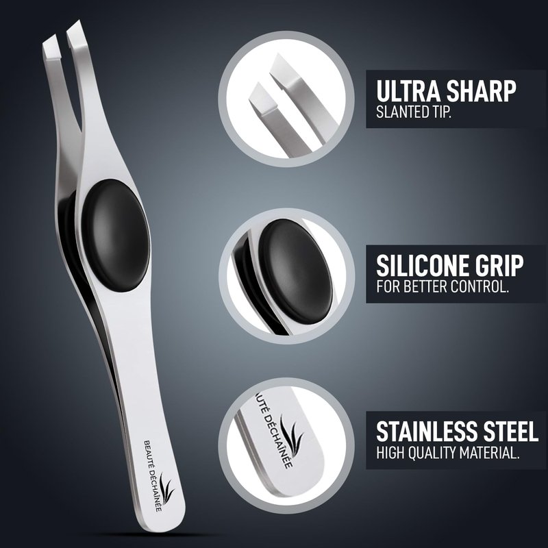 BEAUTÉ DÉCHAÎNÉE Professional Tweezers for Women, Men - Wide Grip Slant Tip Premium Tweezers Stainless Steel Eyebrow Tweezer for Facial Hair, Plucking Removing Ingrown Hairs