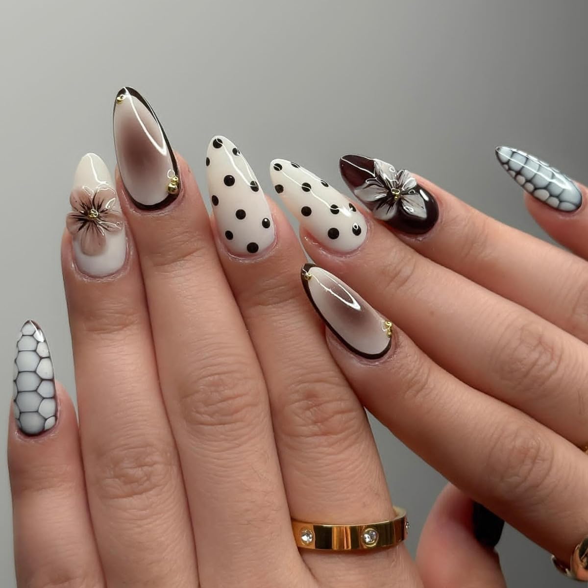 Polka Dot Press-On Nails - Short Almond Nude Chrome | Reusable Full Cover with Glazed Finish & White Dots