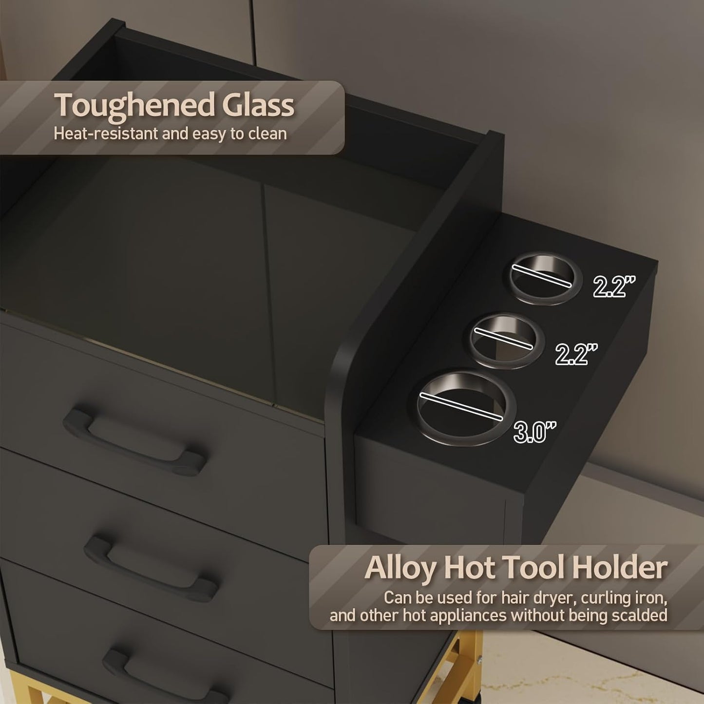 Salon Trolley Cart - Rolling Barber Station with Toughened Glass Top | 4 Wheels, Drawers & Towel Rack - Black