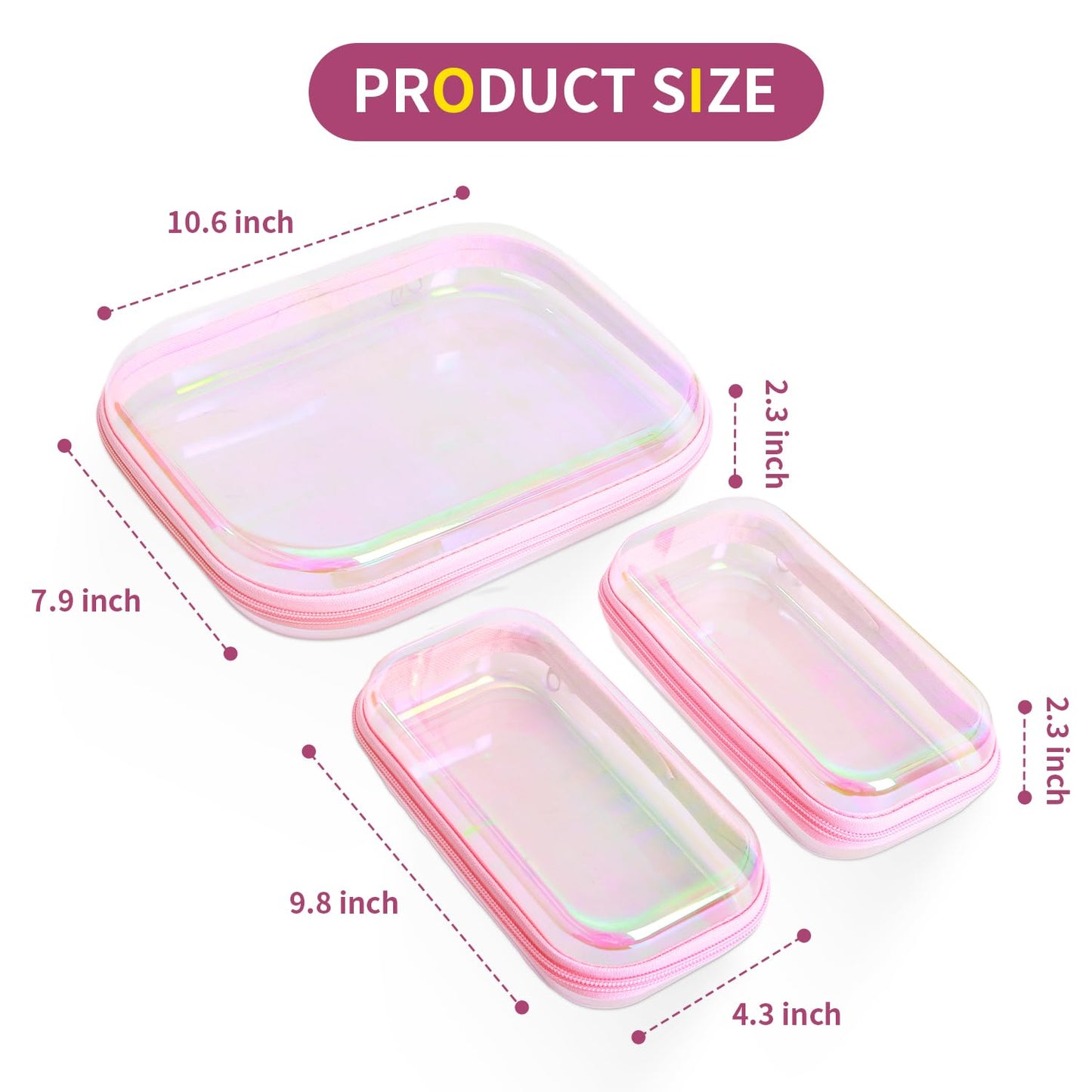 Clear Hard Shell Zipper Case, Surface scratch resistant material, Portable Cosmetic Bag with Zipper, Diaper Bag Organizing Pouches, Hard Plastic Case, Clear Bags for Organizing, Laser Pink （3 Pcs）