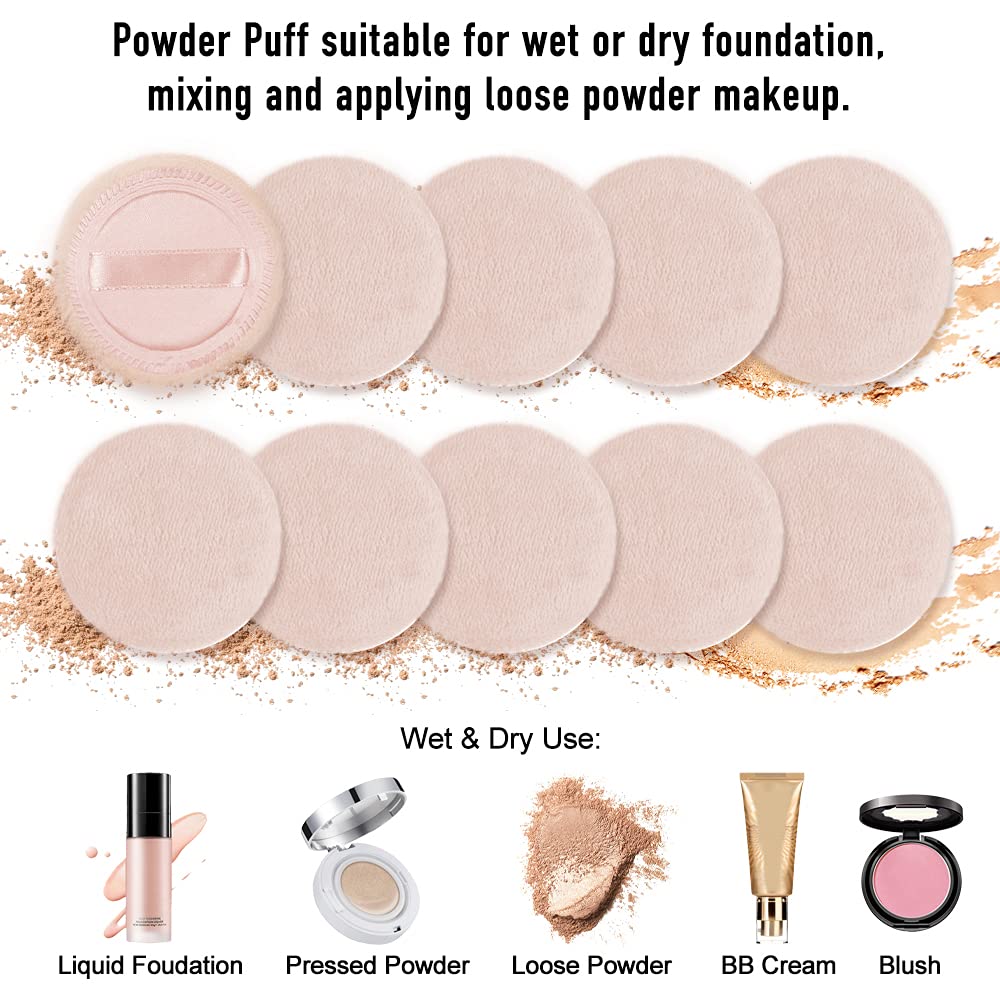Powder Puff Cotton Makeup Pads - 10pcs Cosmetic Face Puffs with Ribbon | 2.36 Inch Beige