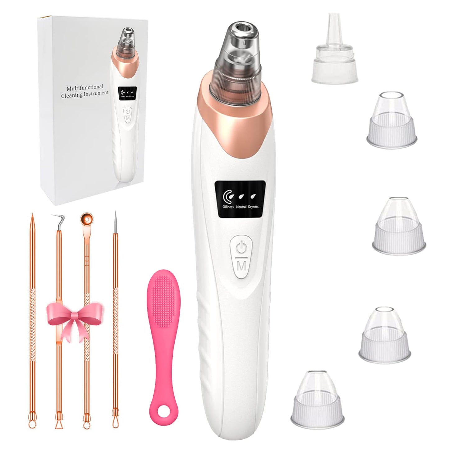 Blackhead Remover Pore Vacuum, with Nose Brush & Skin Care Tools, 3 Adjustable Suction Levels, 5 Suction Power,5 Probes, USB Rechargeable Facial Cleaner for Daily Surface Cleansing (White)
