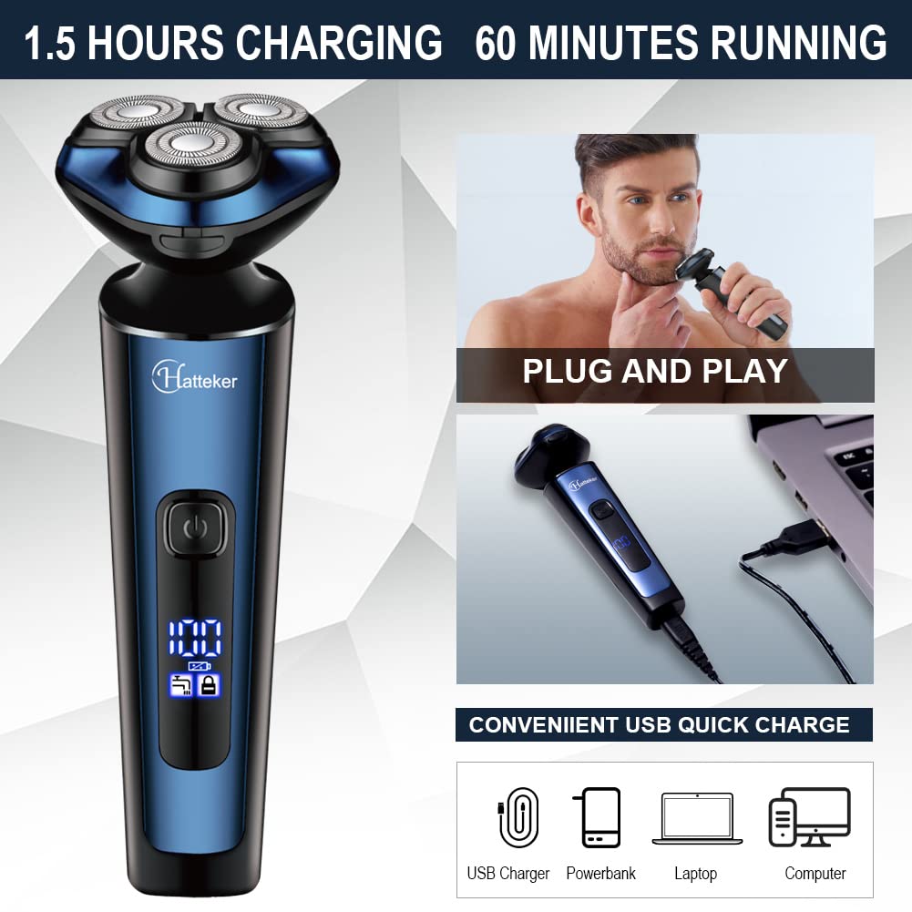 Hatteker Mens Electric Shavers Razor Beard Trimmer Rotary Facail Head Shaver for Men Sideburn Trimmer Nose Trimmer Wet Dry IPX7 Waterproof Rechargeable Cordless 3 in 1
