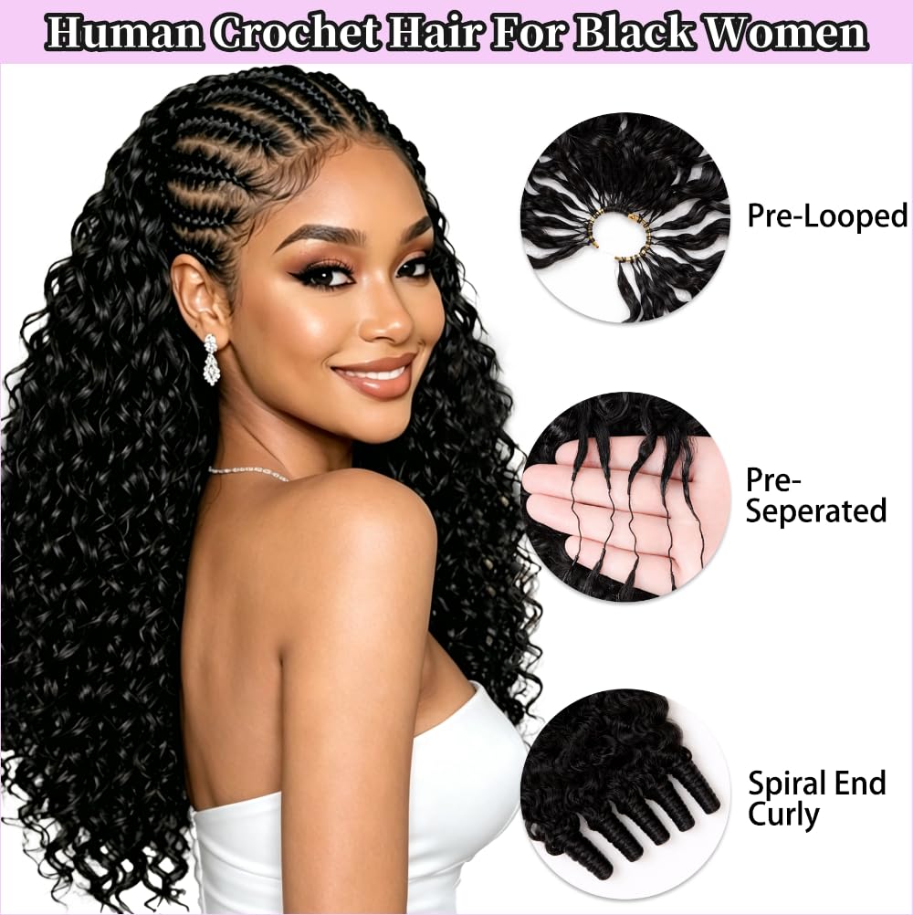 Feather Crochet Human Hair for Black Women Burmese Curly Miracle Knots Pre-Separated Feather Crochet Bundles Human Hair Lightweight Reusable Hair Extensions Kit Natural Black Color 150G 18 Inch