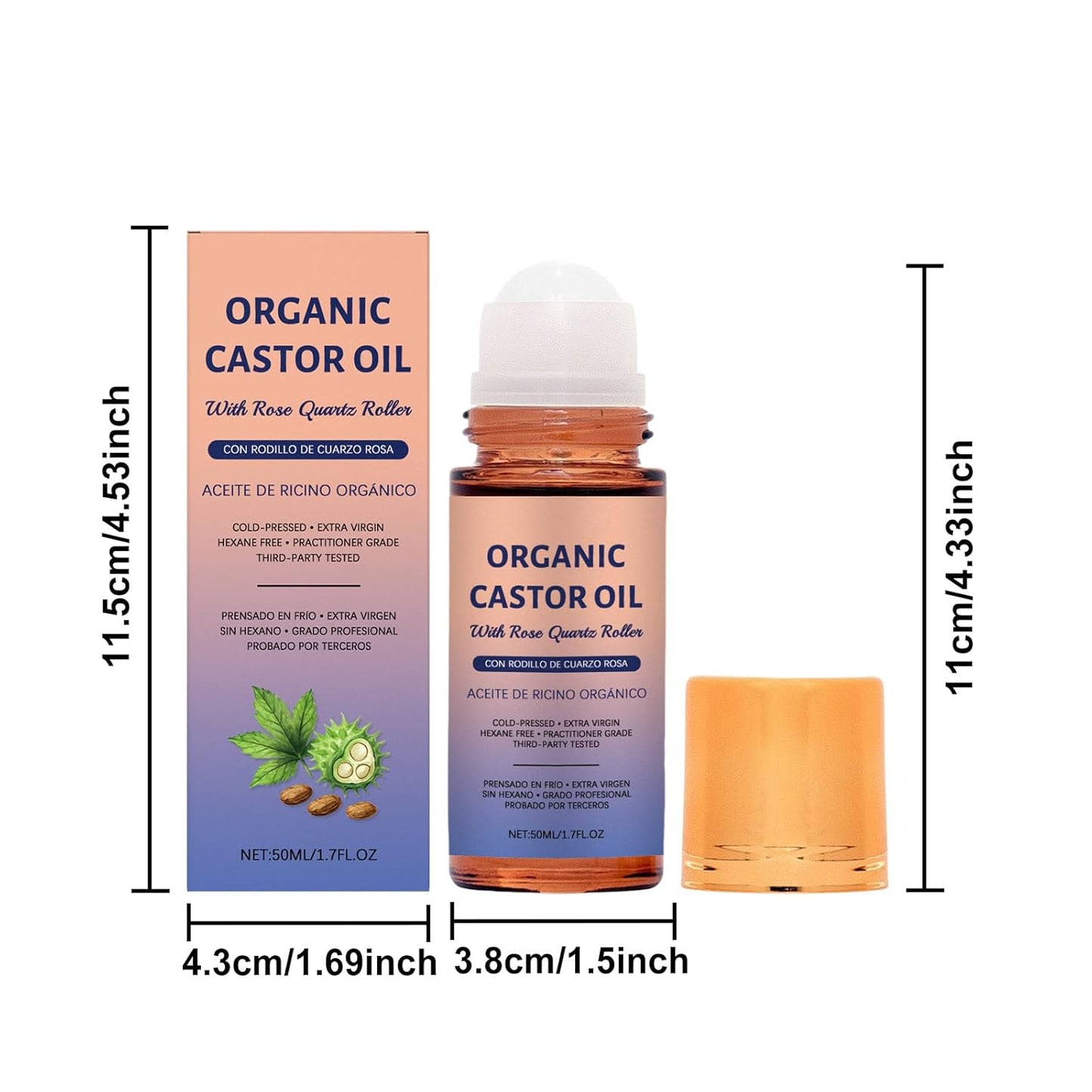 Organic Castor Oil - 100% Pure Cold-Pressed Formula with Rose Quartz Roller | 1.7 Fl Oz for Skin & Hair Care
