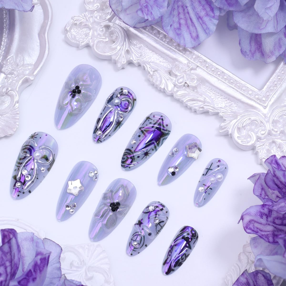 Press On Nails - 24 Pcs Medium Almond Purple Flower Design with 3D Silver Bow & Pearl Gems | Full Cover Acrylic
