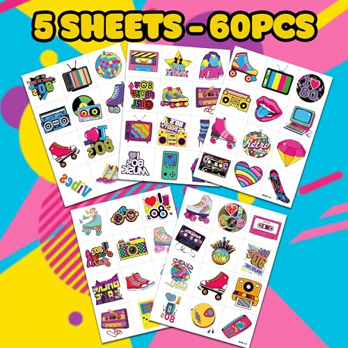 80s Vintage Temporary Tattoos - 60 Pre-Cut Retro Stickers