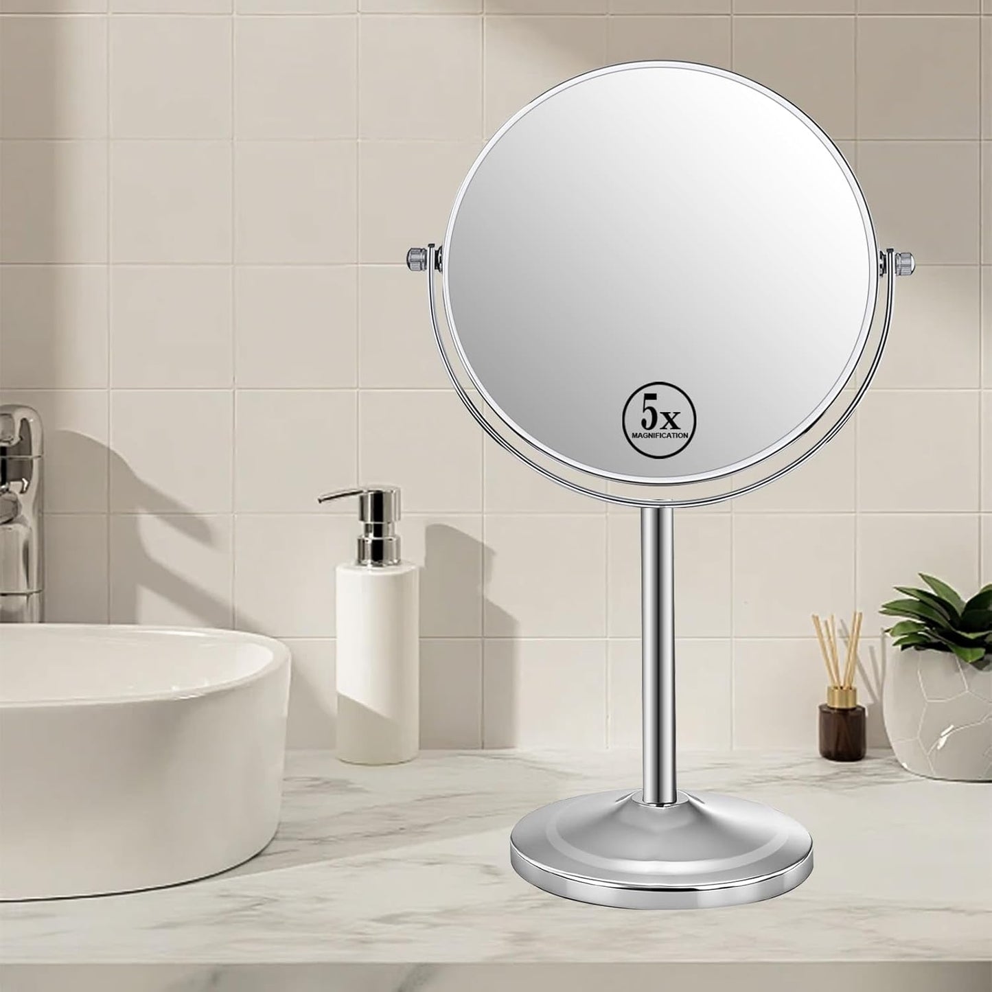 Tabletop Makeup Mirror - 1X/5X Double-Sided Magnifying Design | 7-Inch Chrome 360° Swivel Countertop Mirror