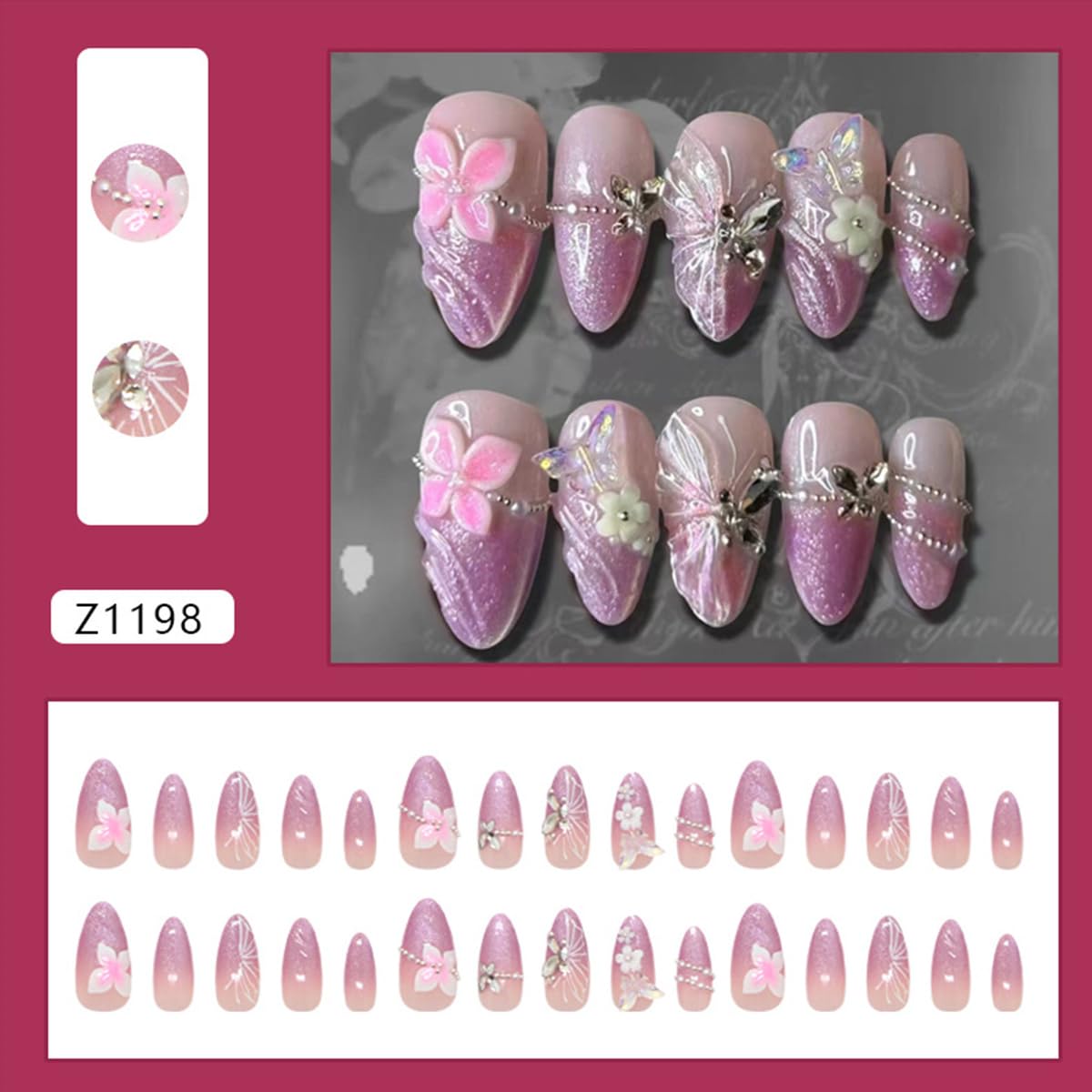 Gradient Purple Press-On Nails - Medium Almond French Tip with Glitter & 3D Pearl Gems | 30 Pcs Spring Flower Design